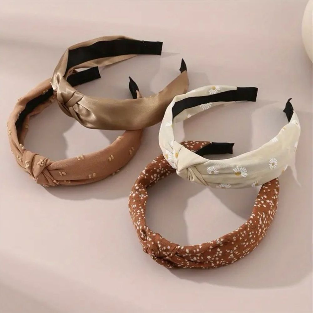 4pcs Retro Brown Daisy Print Braided Hairbands - Picture 2 of 4